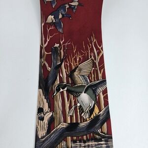 Vintage Flying Mallard Duck Silk‎ Tie Scenic Wetland Marsh Burgundy Red 4x57
